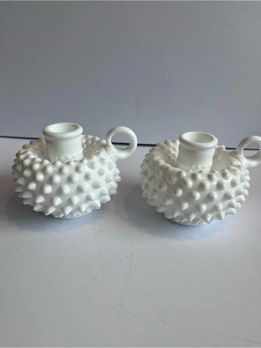 Vintage Fenton Hobnail Milk Glass Candlestick Holders Finger Loop Pair